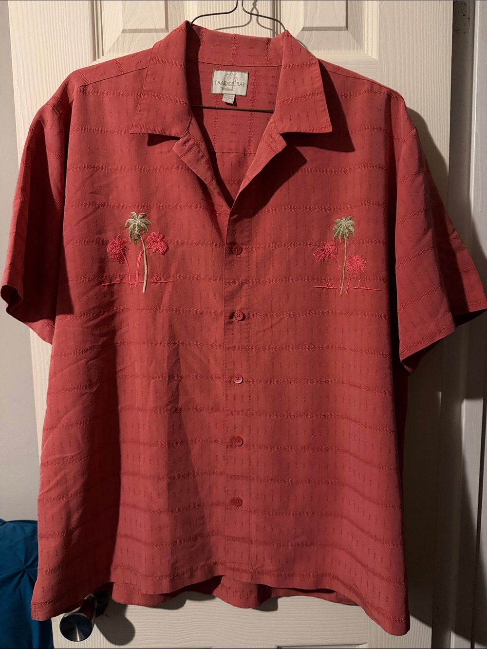 #144 Trader Bay Coral Short-Sleeve Camp Shirt with Palm Tree Embroidery
